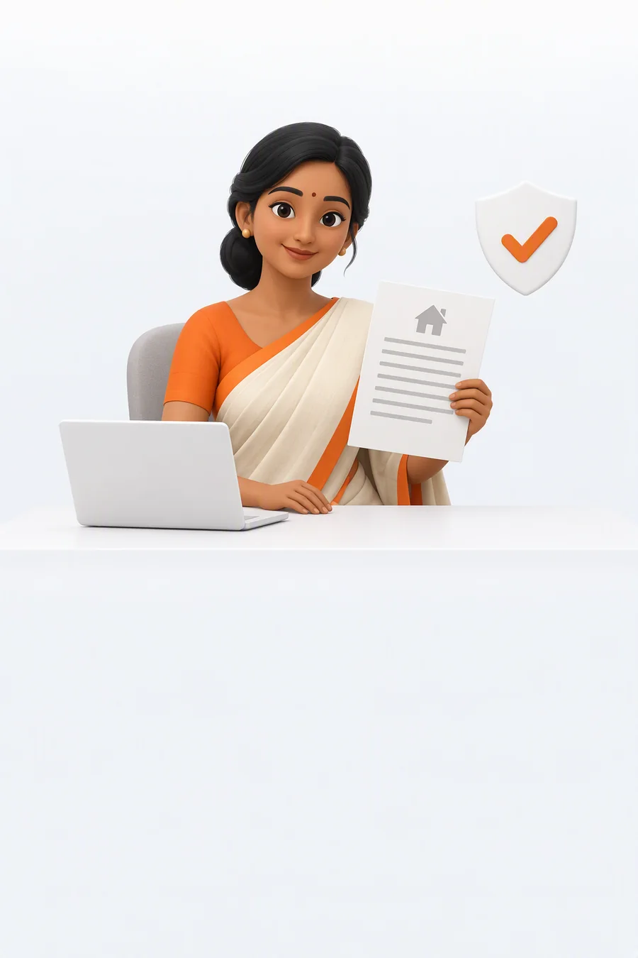 Illustration of a bank officer holding a property document beside a shield with a check mark