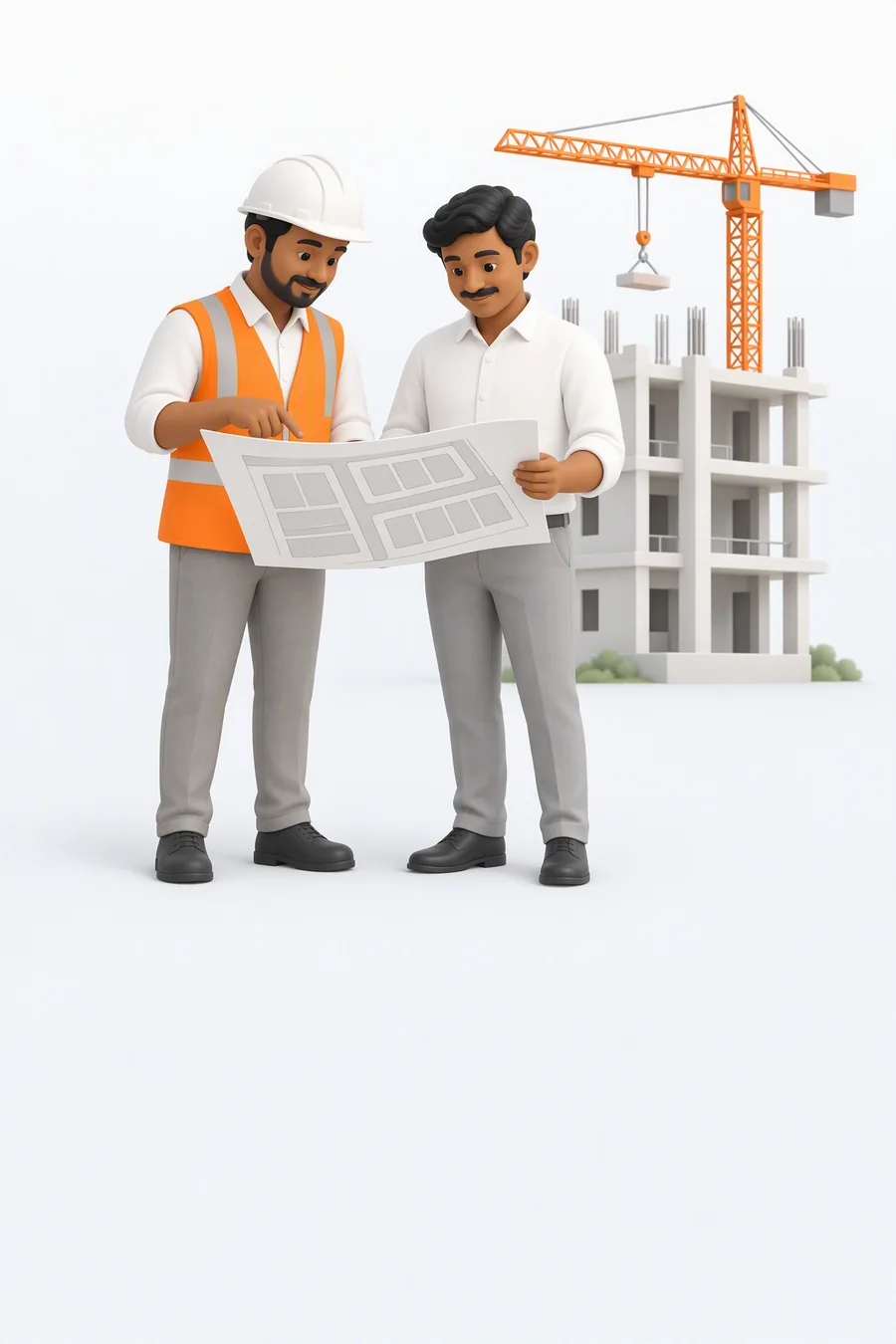 Illustration of a site engineer and a developer over a layout plan