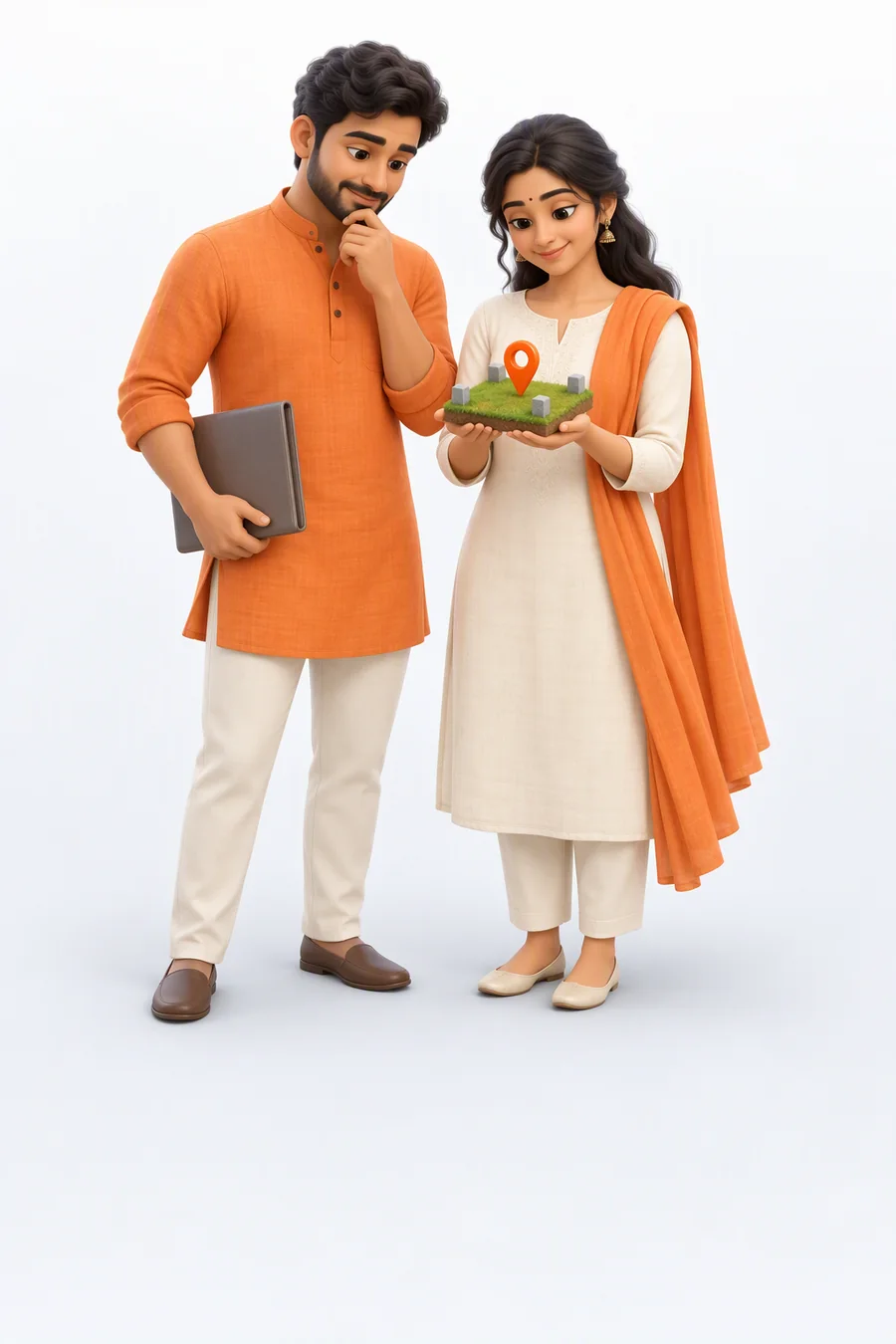 Illustration of a couple beside a plot of land with boundary stones and a map pin