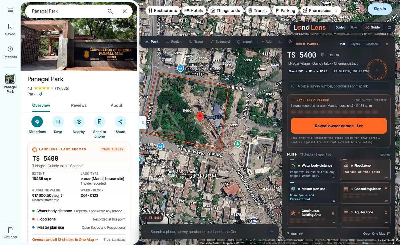 Google Maps satellite view of T. Nagar, Chennai, with LandLens drawing survey boundaries over the map, town survey 5400 outlined in orange, its land record in Google's side panel and the One Map panel open on the right