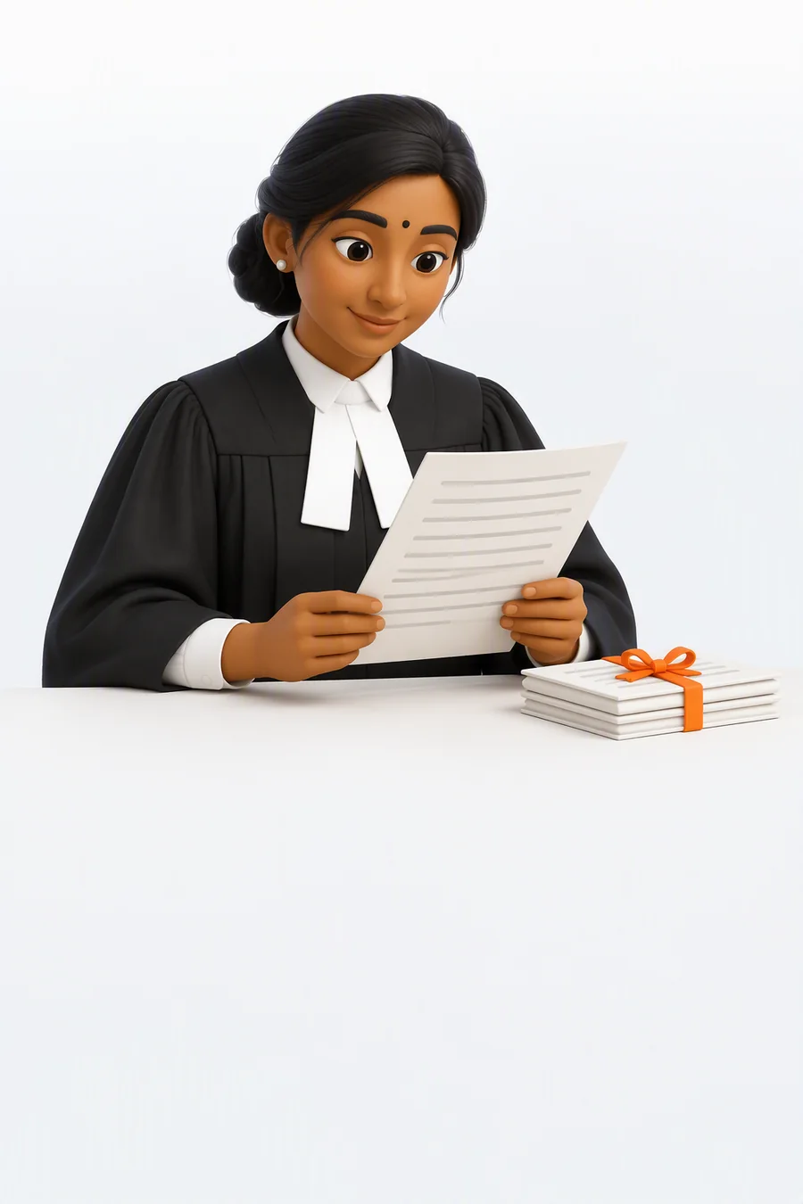 Illustration of an advocate reading a document, a ribboned bundle of deeds on the desk