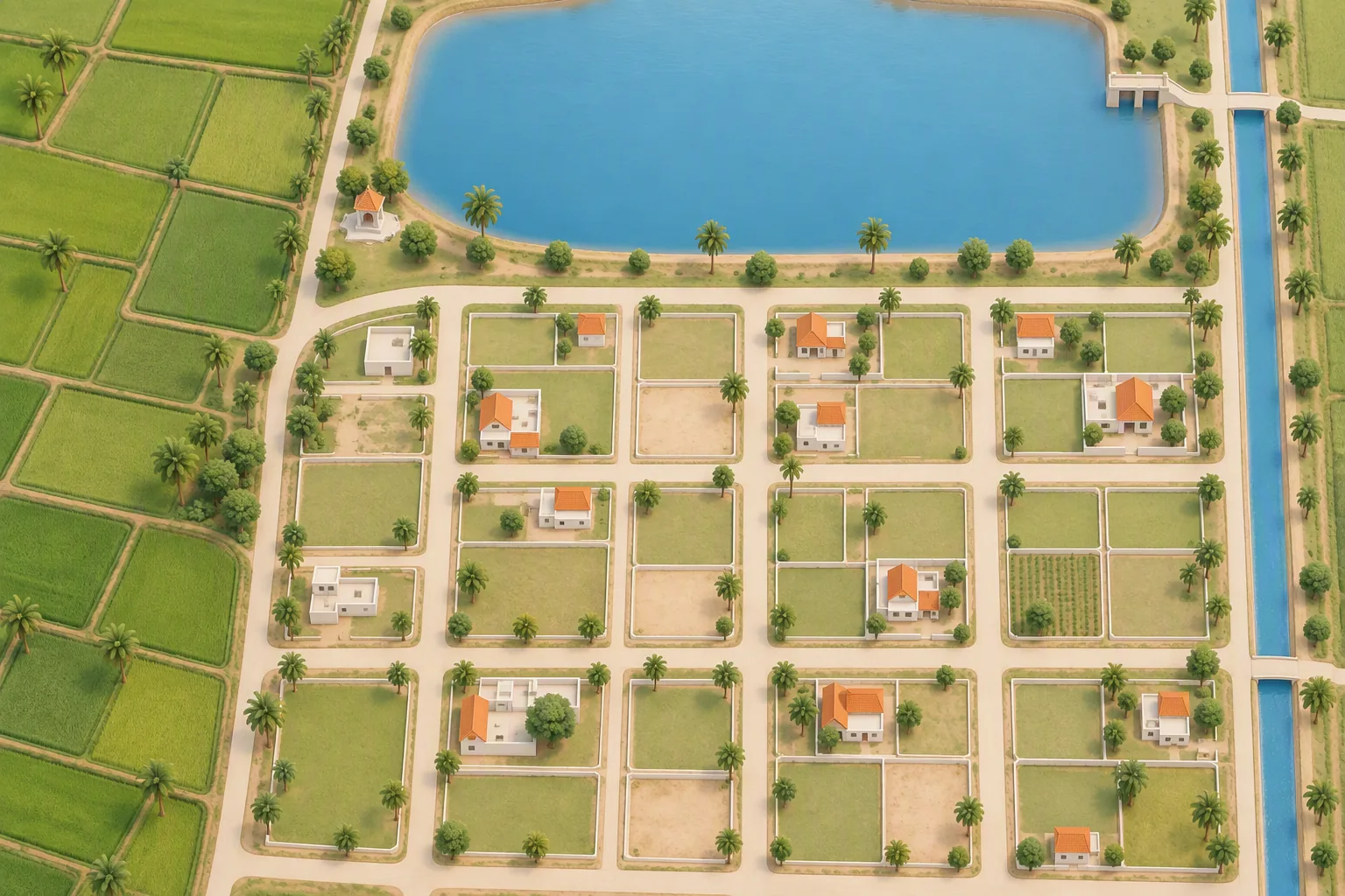 Illustrated map of a town edge in Tamil Nadu: a grid of house plots below an irrigation tank, a canal on the east and paddy fields on the west
