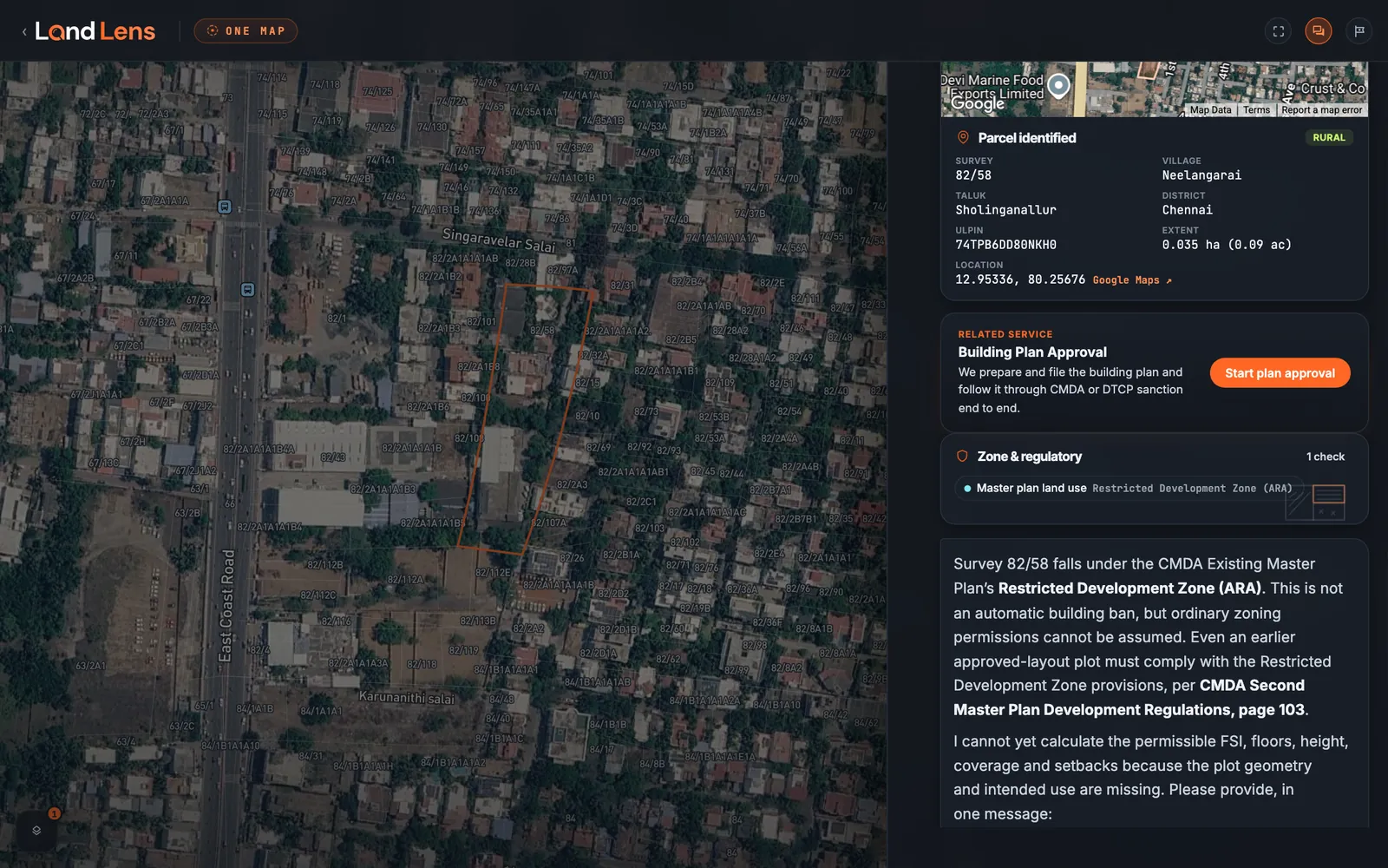 LandLens One Map: a survey parcel outlined on satellite imagery with survey numbers, and beside it the conversation naming the parcel, its master plan zone and the cited answer