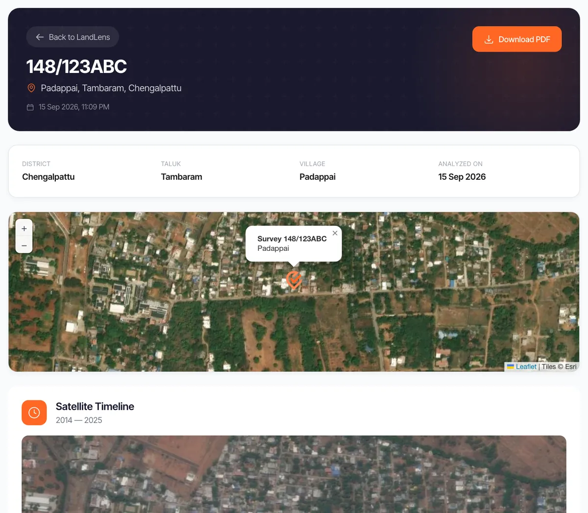 The PriceMap report for a survey: the parcel on satellite imagery and its year by year timeline