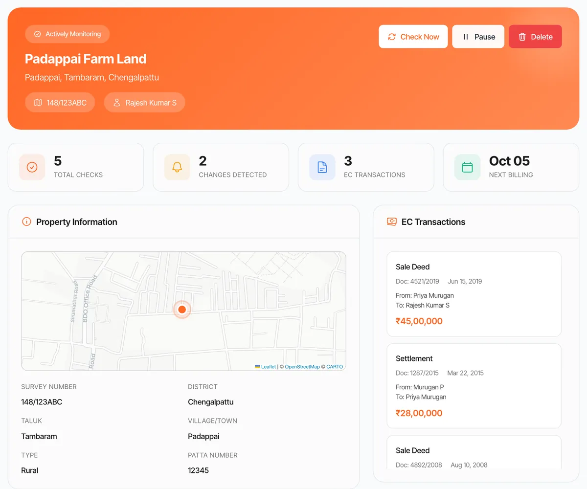 The Property Tracker page for a monitored property: checks run, changes detected and EC transactions