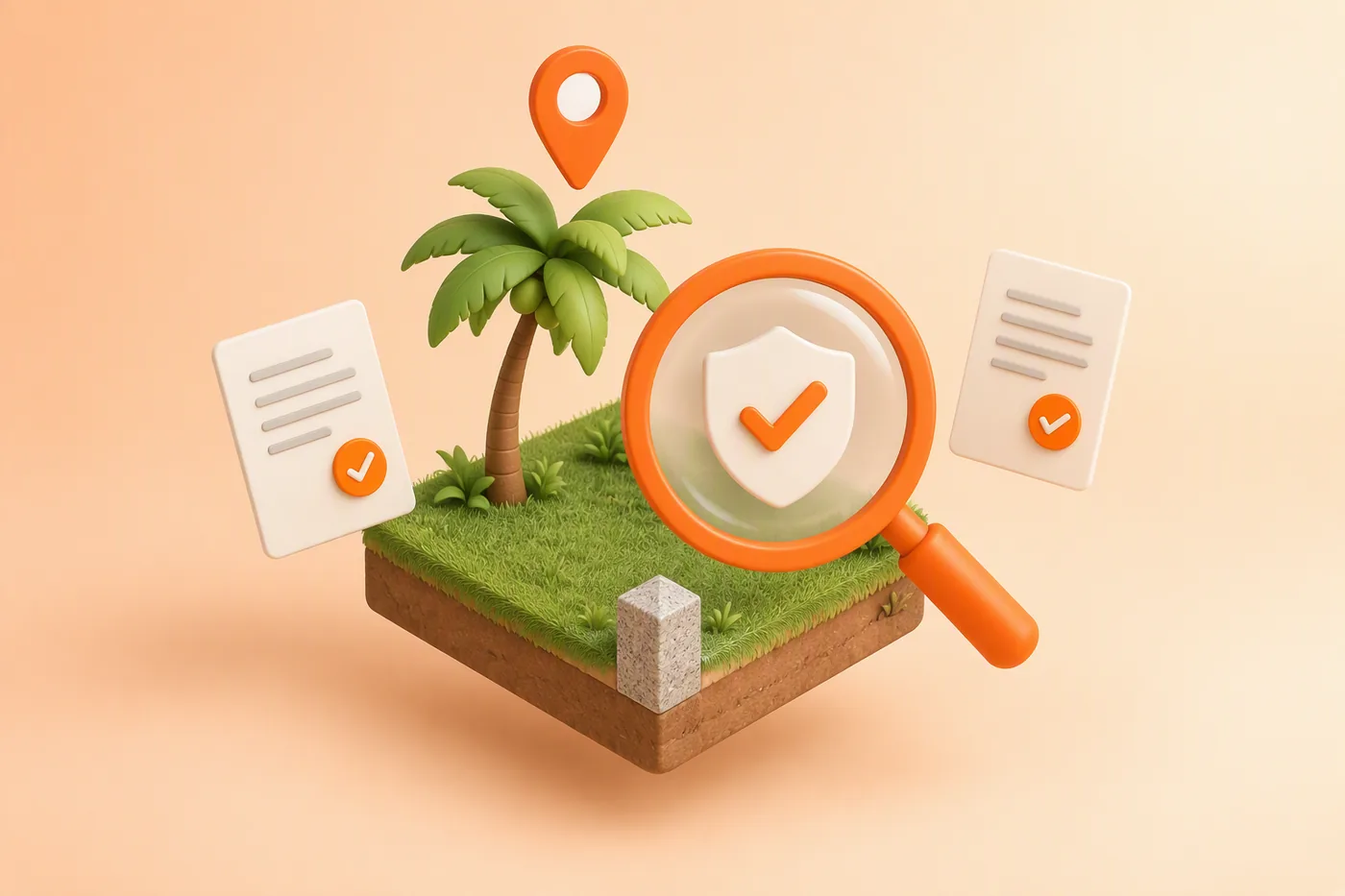 Illustration of a plot of land under a magnifying glass, with a boundary stone, a map pin and checked documents