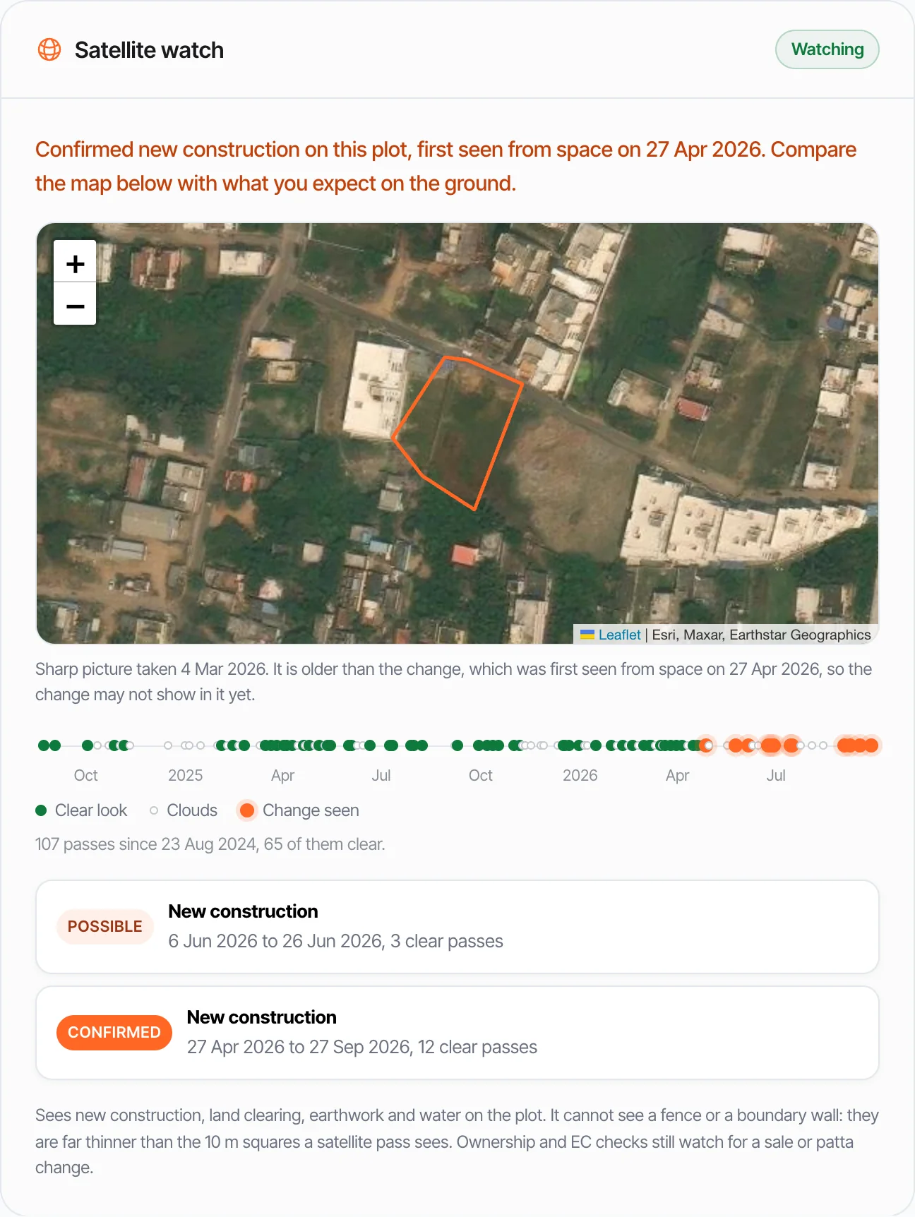 The satellite watch on a tracked plot near Ayanambakkam: new construction confirmed after two months, the plot outline on a sharp satellite map, and a timeline of every pass